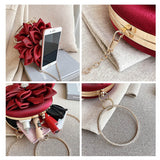 Red Flower Clutch Purse  Women Round  Evening Bag Crystal Diamond Wedding Silk Handbag Exquisite Chain Shoulder Bags FTB154