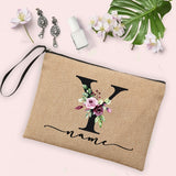 Flower Initial Letter Custom Name Cosmetic Bag Women Neceser Makeup Bag Linen Zipper Pouch Travel Toiletry Organizer Mujer Bolsa