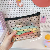 Mesh Cosmetic Makeup Bags Case Holder Cute Transparent Zipper Black Heart Printed Pencil Pen Case Pouch Convenient To Carry