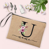 Flower Initial Letter Custom Name Cosmetic Bag Women Neceser Makeup Bag Linen Zipper Pouch Travel Toiletry Organizer Mujer Bolsa