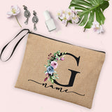 Flower Initial Letter Custom Name Cosmetic Bag Women Neceser Makeup Bag Linen Zipper Pouch Travel Toiletry Organizer Mujer Bolsa