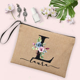 Flower Initial Letter Custom Name Cosmetic Bag Women Neceser Makeup Bag Linen Zipper Pouch Travel Toiletry Organizer Mujer Bolsa