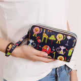 Three-layer Zipper Long Women Waterproof Nylon Colorful Printed Cloth Wristlet Bag Coin Purse Mobile Phone Holder Small Clutch